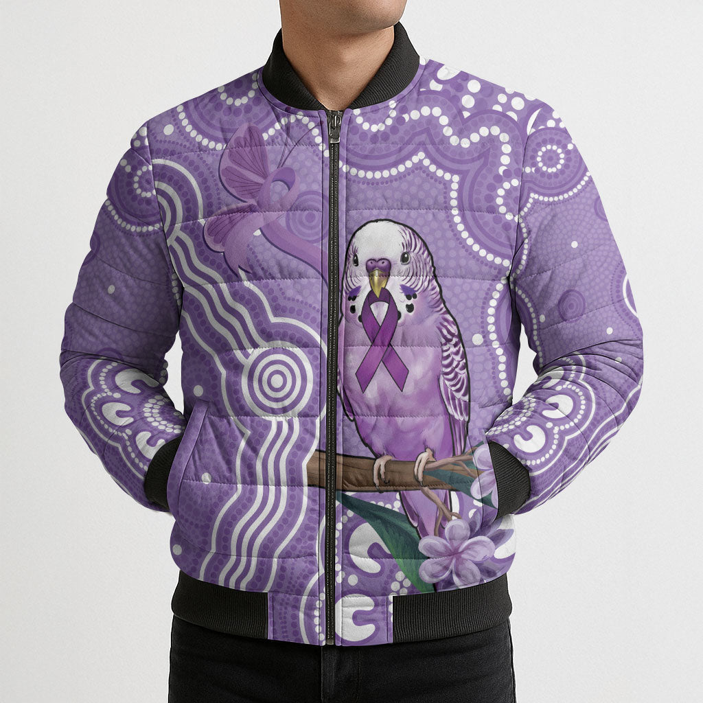 Australia Epilepsy Support Bomber Puffer Jacket Purple Budgerigar Plumeria Aboriginal