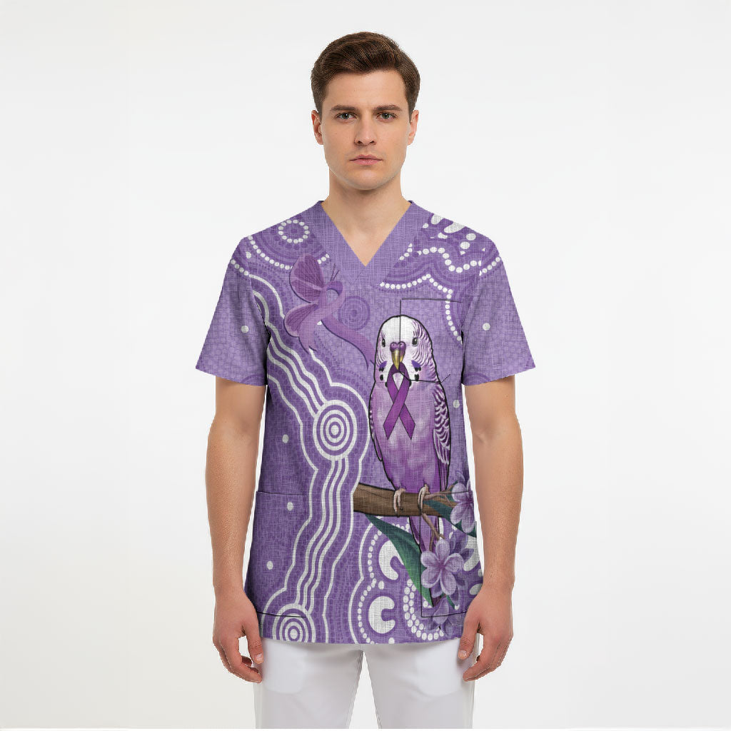 Australia Epilepsy Support Scrub Top Purple Budgerigar Plumeria Aboriginal