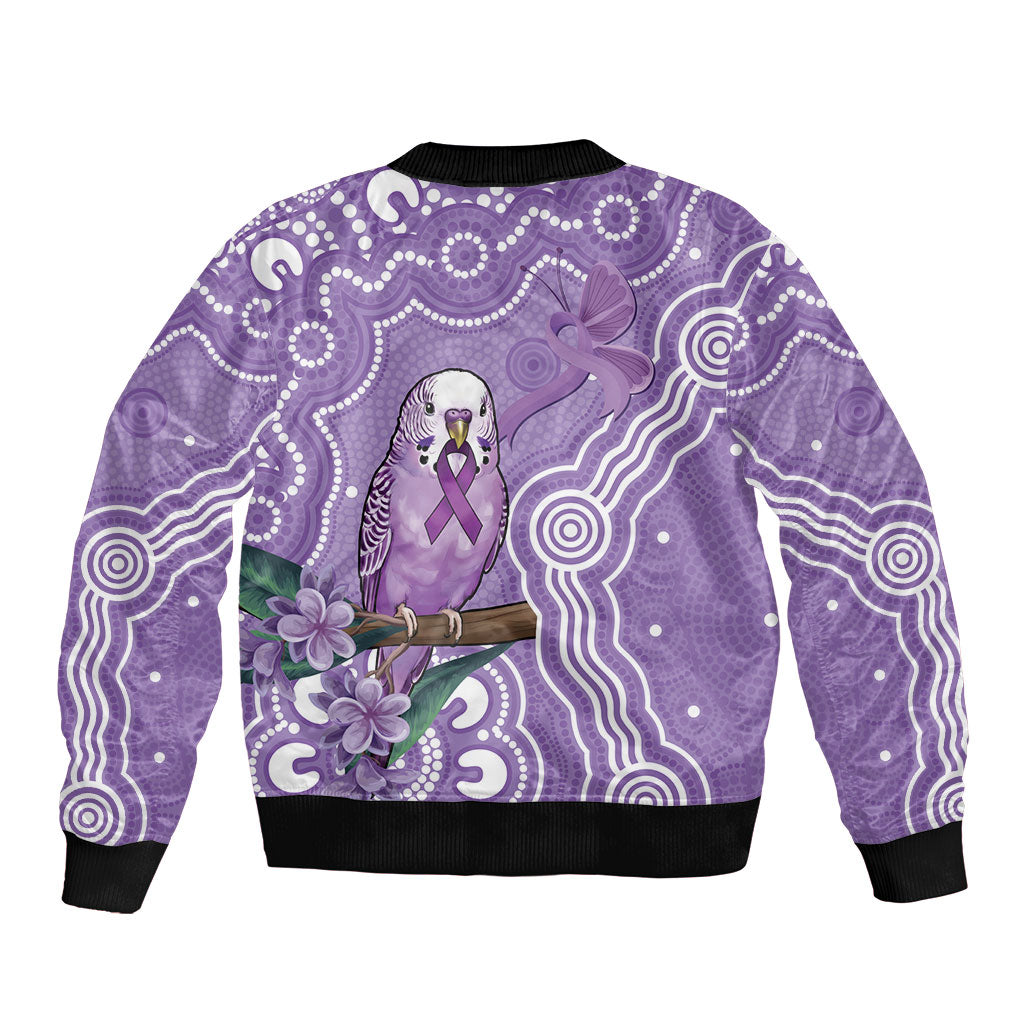 Australia Epilepsy Support Sleeve Zip Bomber Jacket Purple Budgerigar Plumeria Aboriginal