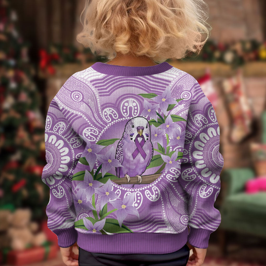 Epilepsy Support Budgerigar Australia Kid Ugly Christmas Sweater Budgie Purple Ribbon Boronia Aboriginal