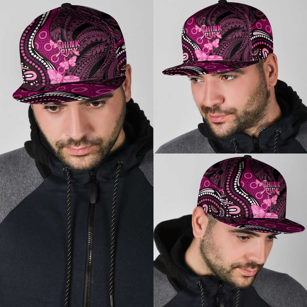Think Pink Breast Cancer Support Snapback Cap Butterfly Aboriginal Mix Polynesian Pattern