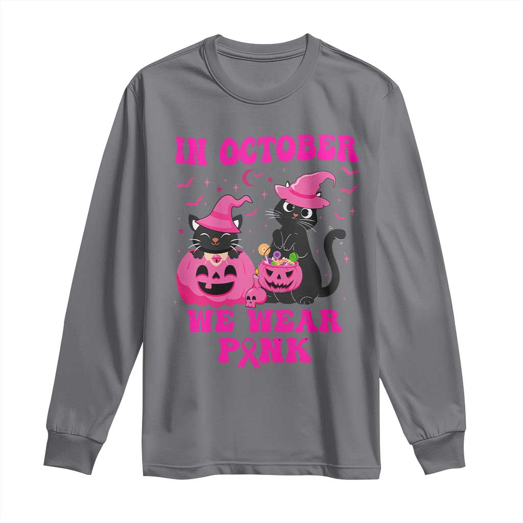 Breast Cancer Black Cat Support Squad Long Sleeve Shirt In October We Wear Pink Halloween