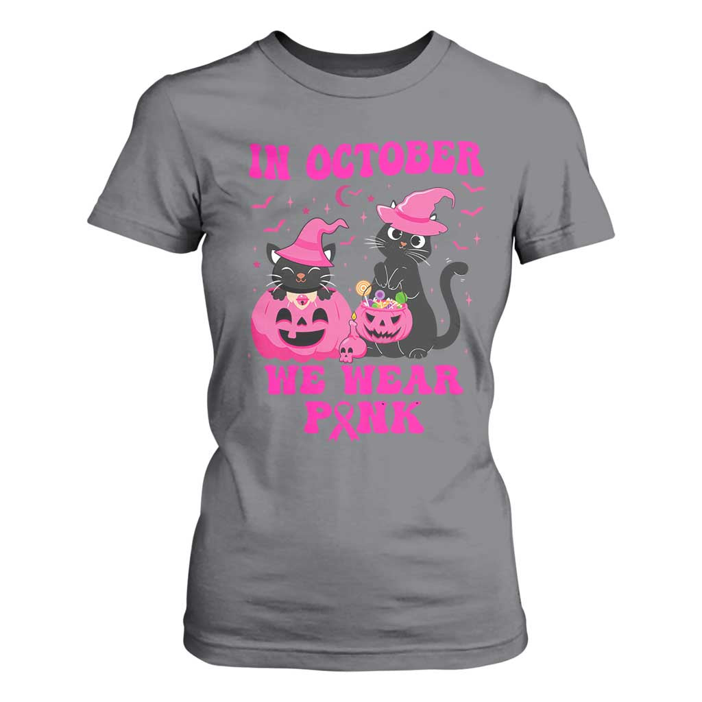 Breast Cancer Black Cat Support Squad T Shirt For Women In October We Wear Pink Halloween