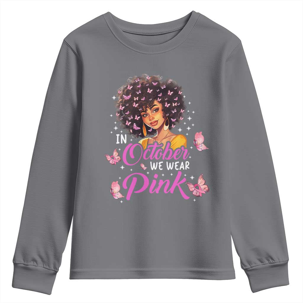 Breast Cancer Warrior Support Squad Youth Sweatshirt In October We Wear Pink Ribbon Black Afro Women