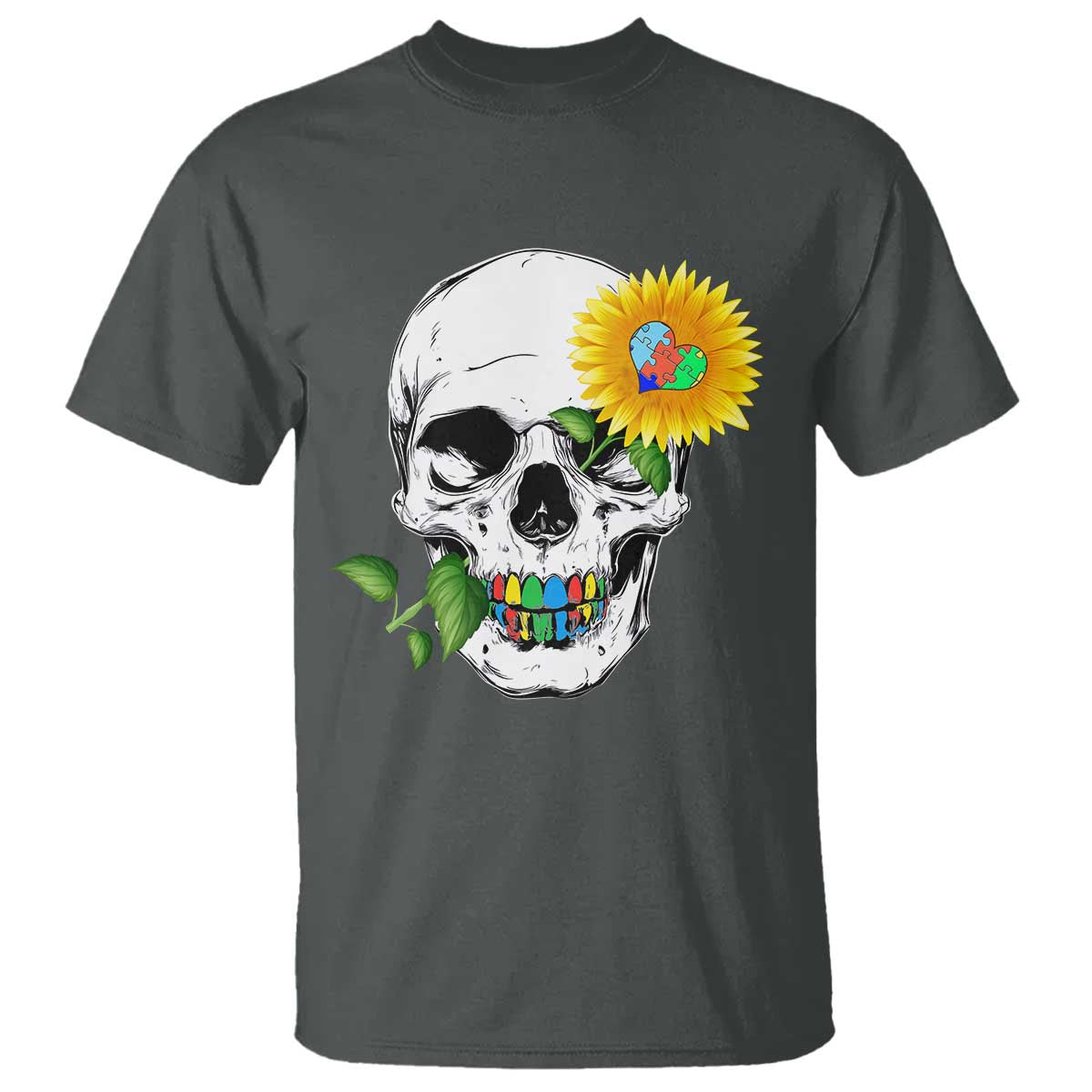 Autism Skull Sunflower T Shirt Support Autistic Puzzle Pieces Heart