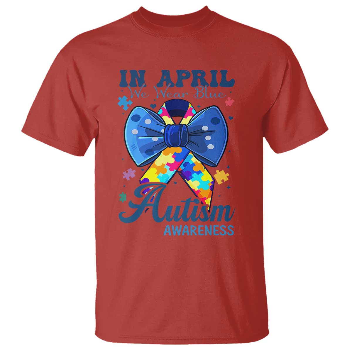 Autism Support T Shirt In April We Wear Blue Puzzle Ribbon Coquette Bow