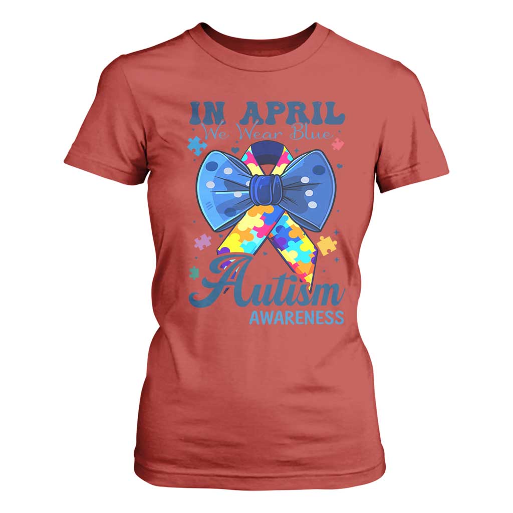 Autism Support T Shirt For Women In April We Wear Blue Puzzle Ribbon Coquette Bow