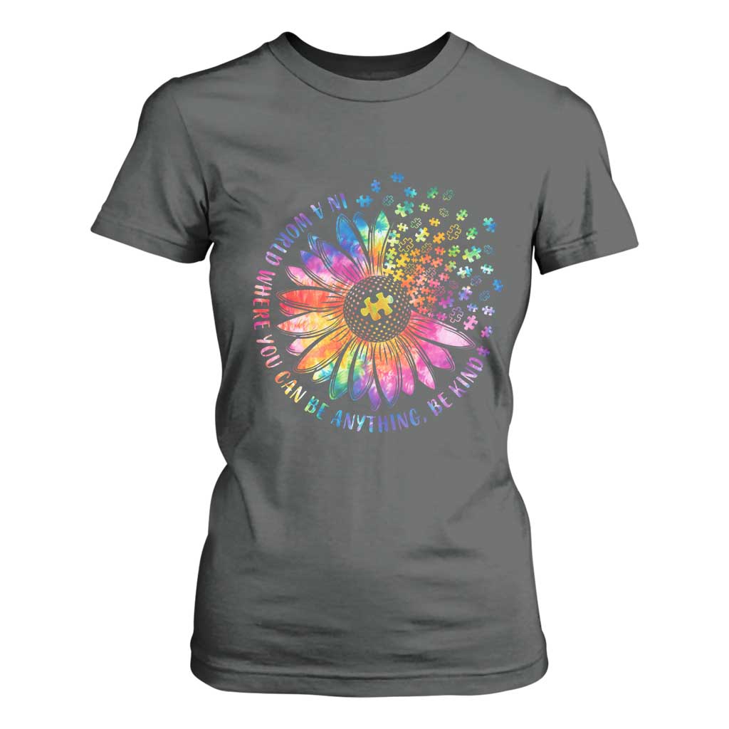 Be Kind Autism Support T Shirt For Women Kindness Sunflower Tie Dye Puzzle