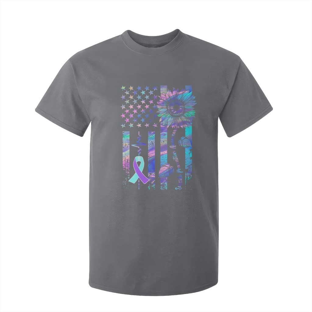 Suicide Prevention Support T Shirt For Kid Support Squad Teal And Purple American Flag Sunflower