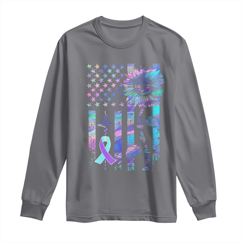 Suicide Prevention Support Long Sleeve Shirt Support Squad Teal And Purple American Flag Sunflower