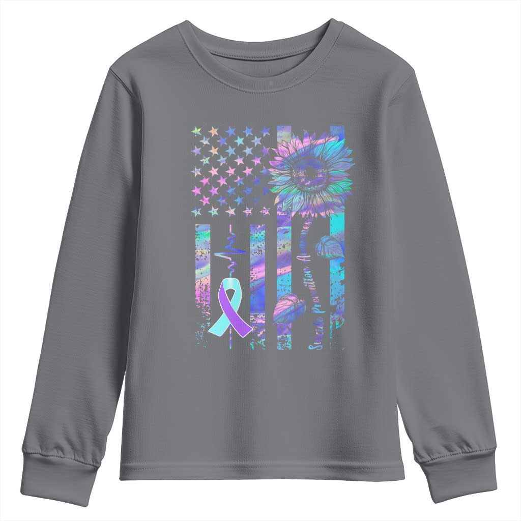 Suicide Prevention Support Youth Sweatshirt Support Squad Teal And Purple American Flag Sunflower