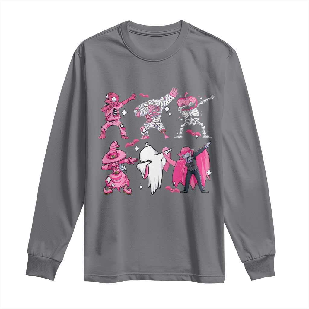 Halloween Breast Cancer Support Squad Long Sleeve Shirt Dabbing Skeleton Zombie Pink Ribbon