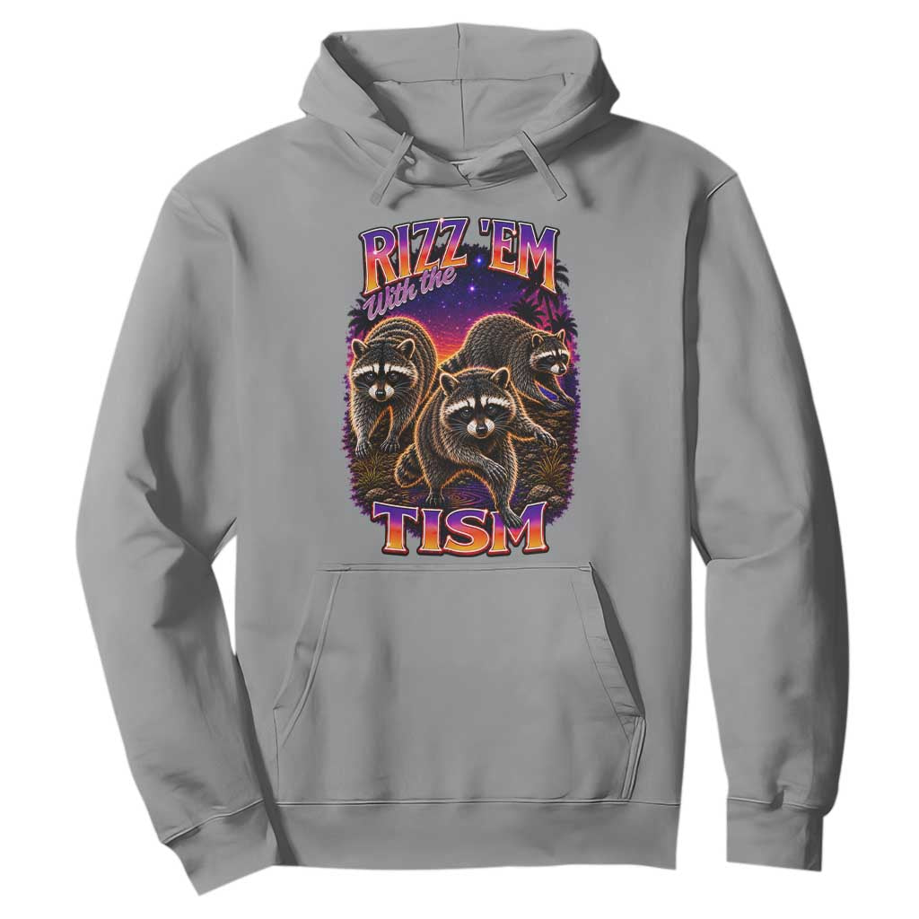 Rizz Em With The Tism Funny Raccoon Graphic Hoodie Retro 80s Cyberpunk Autism Neurodiversity Humor