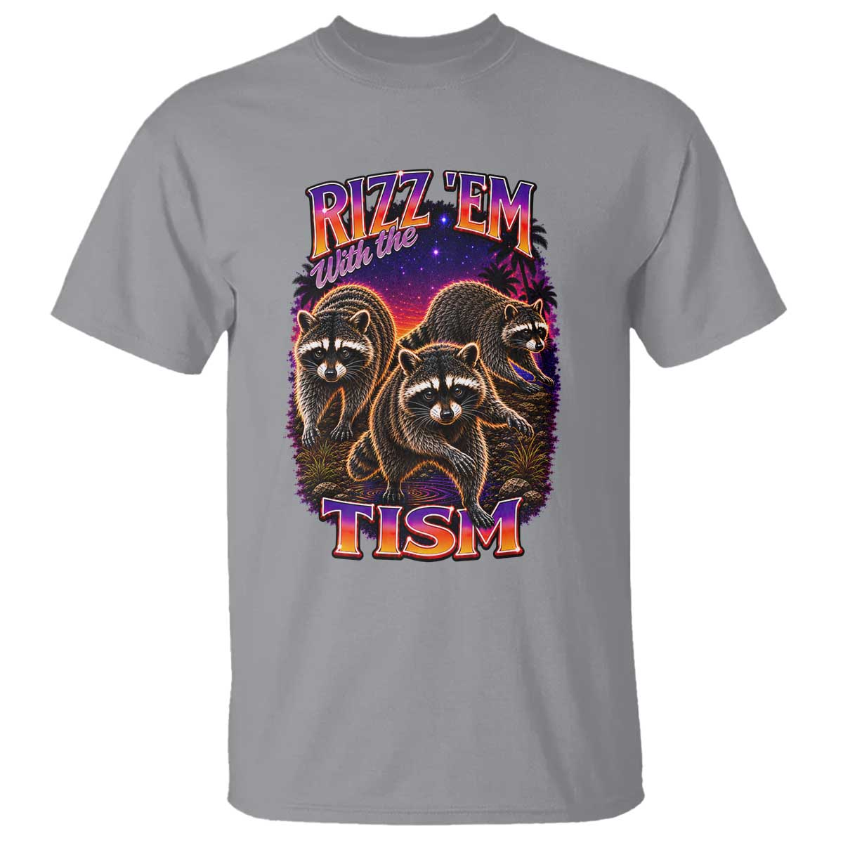 Rizz Em With The Tism Funny Raccoon Graphic T Shirt Retro 80s Cyberpunk Autism Neurodiversity Humor