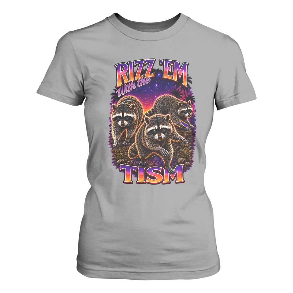 Rizz Em With The Tism Funny Raccoon Graphic T Shirt For Women Retro 80s Cyberpunk Autism Neurodiversity Humor