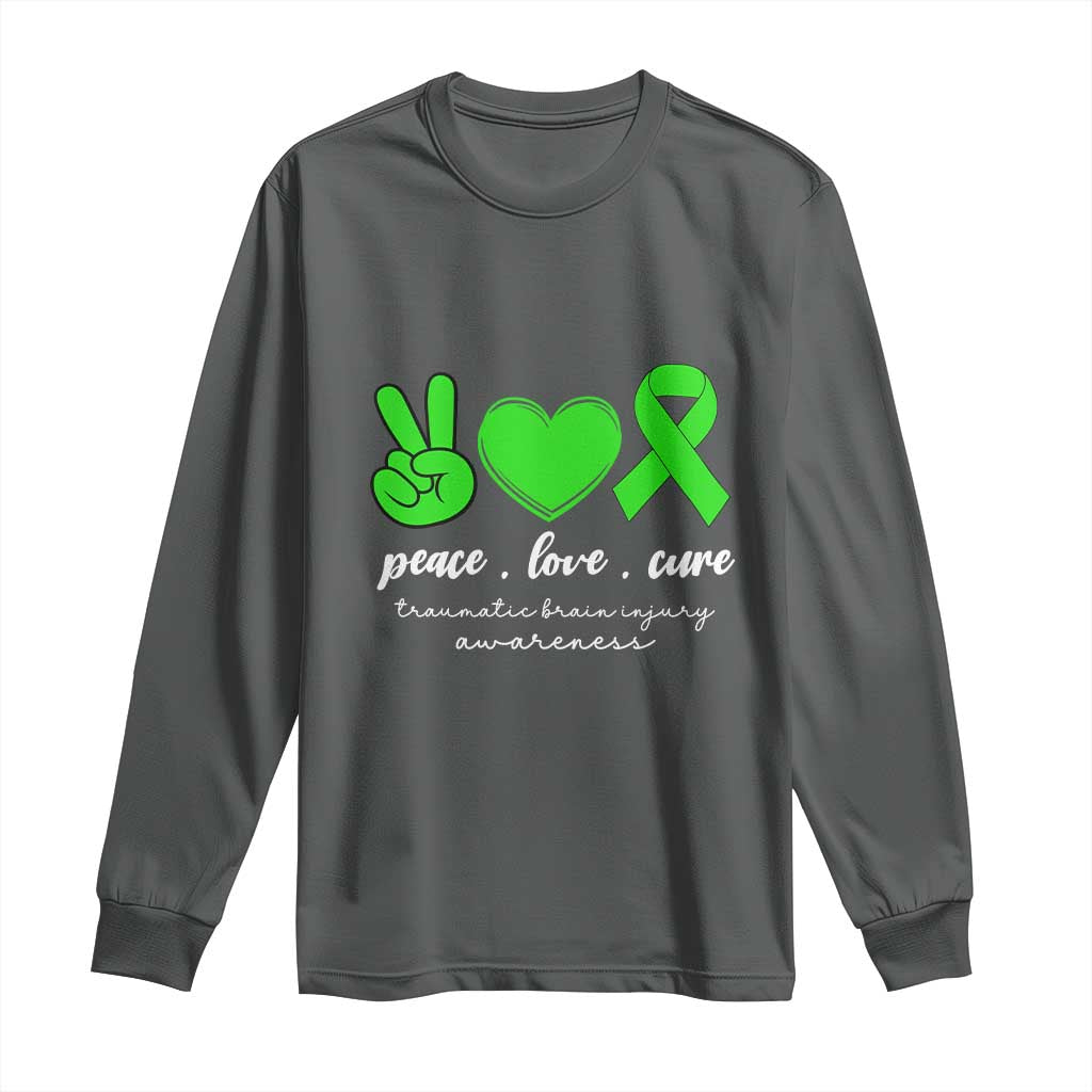 Traumatic Brain Injury Support Long Sleeve Shirt Peace Love Cure TBI Warrior