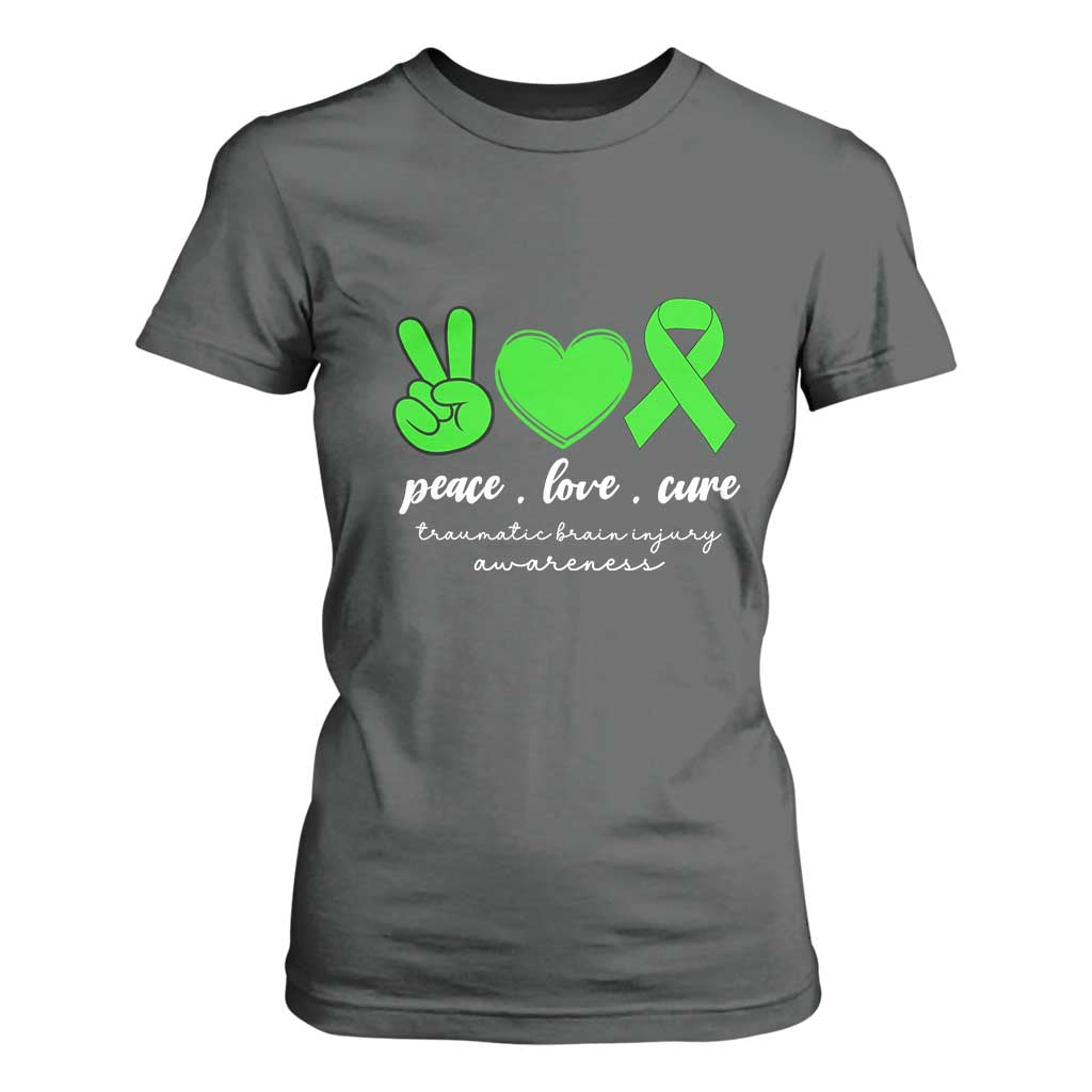 Traumatic Brain Injury Support T Shirt For Women Peace Love Cure TBI Warrior