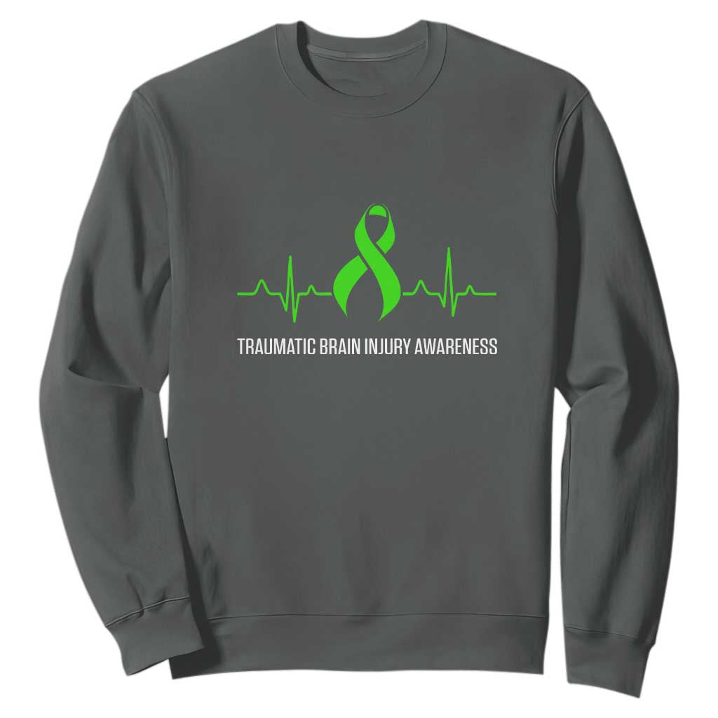 Traumatic Brain Injury Support Sweatshirt TBI Warrior Heartbeat Green Ribbon