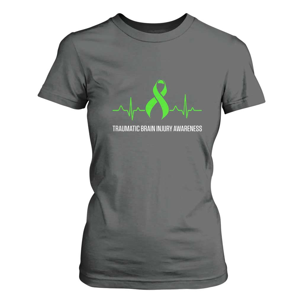 Traumatic Brain Injury Support T Shirt For Women TBI Warrior Heartbeat Green Ribbon