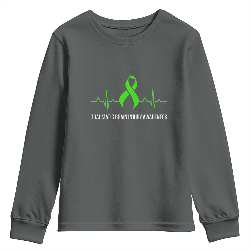 Traumatic Brain Injury Support Youth Sweatshirt TBI Warrior Heartbeat Green Ribbon