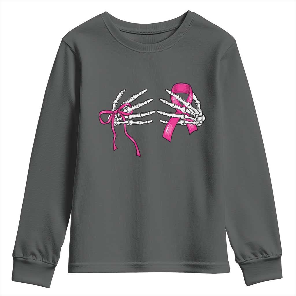 Skeleton Hands Pink Ribbon Bra Breast Cancer Fighter Youth Sweatshirt Funny Halloween Spooky Pink Warrior