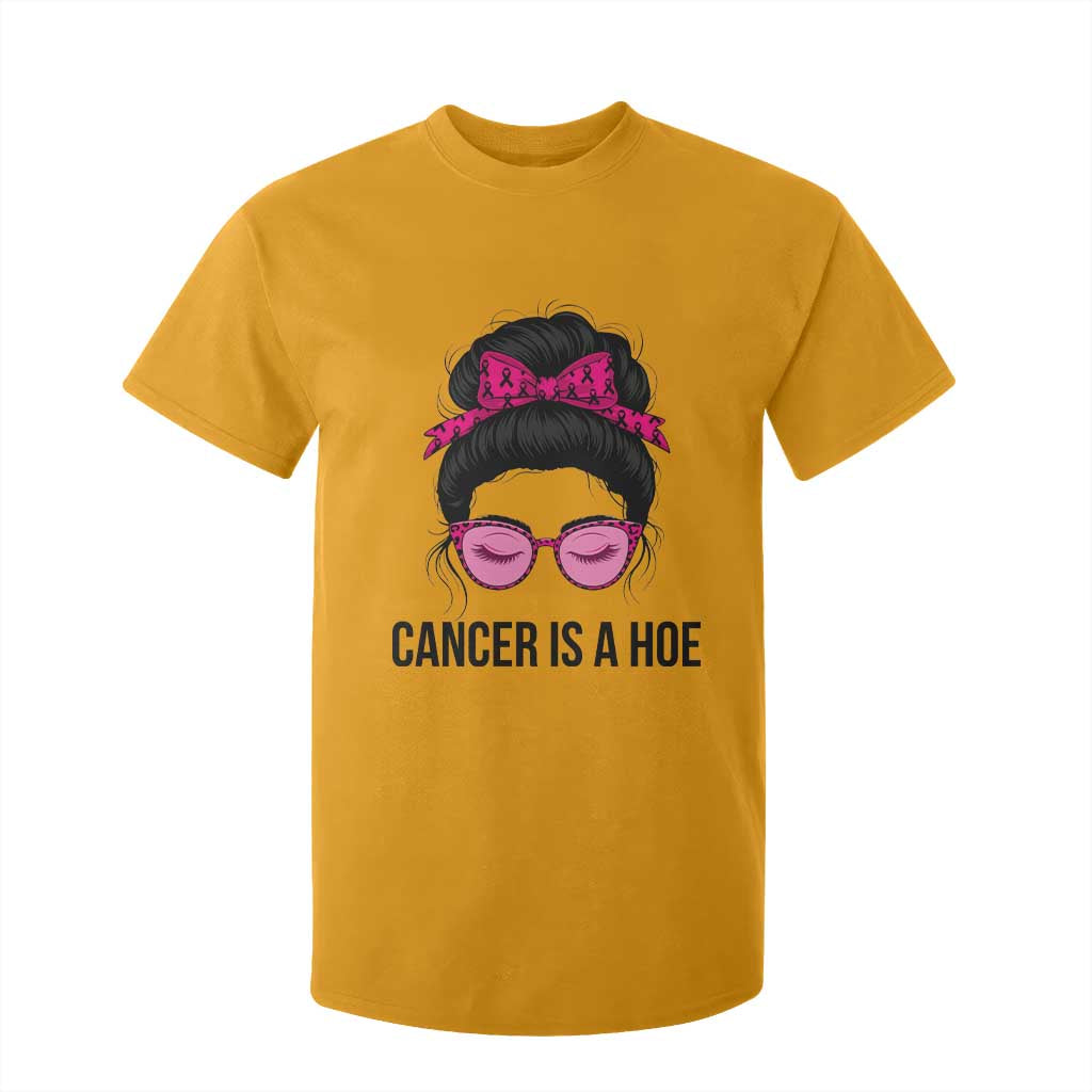 Cancer Is A Hoe Pink Messy Bun Leopard Sunglasses Graphic T Shirt For Kid Funny Breast Cancer Warrior Support