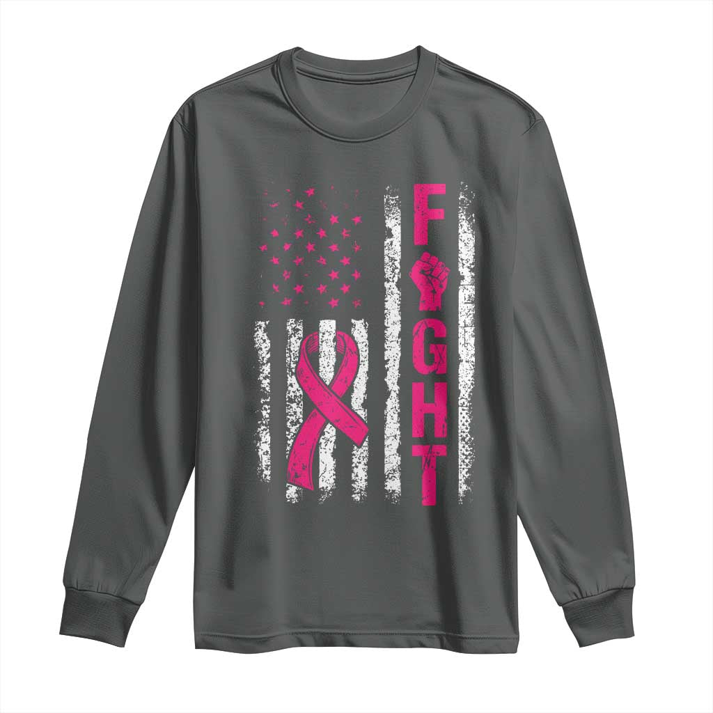 Fight Breast Cancer Support Pink Ribbon American Flag Graphic Long Sleeve Shirt