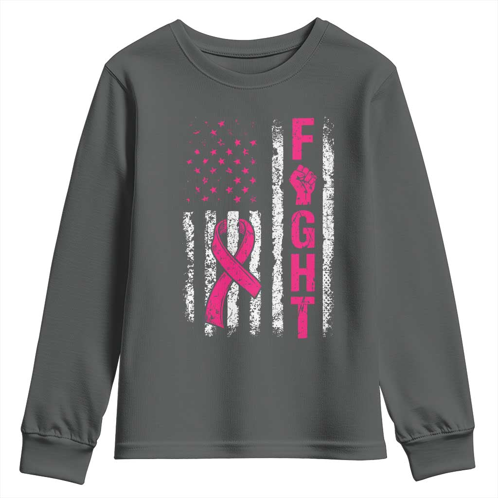 Fight Breast Cancer Support Pink Ribbon American Flag Graphic Youth Sweatshirt