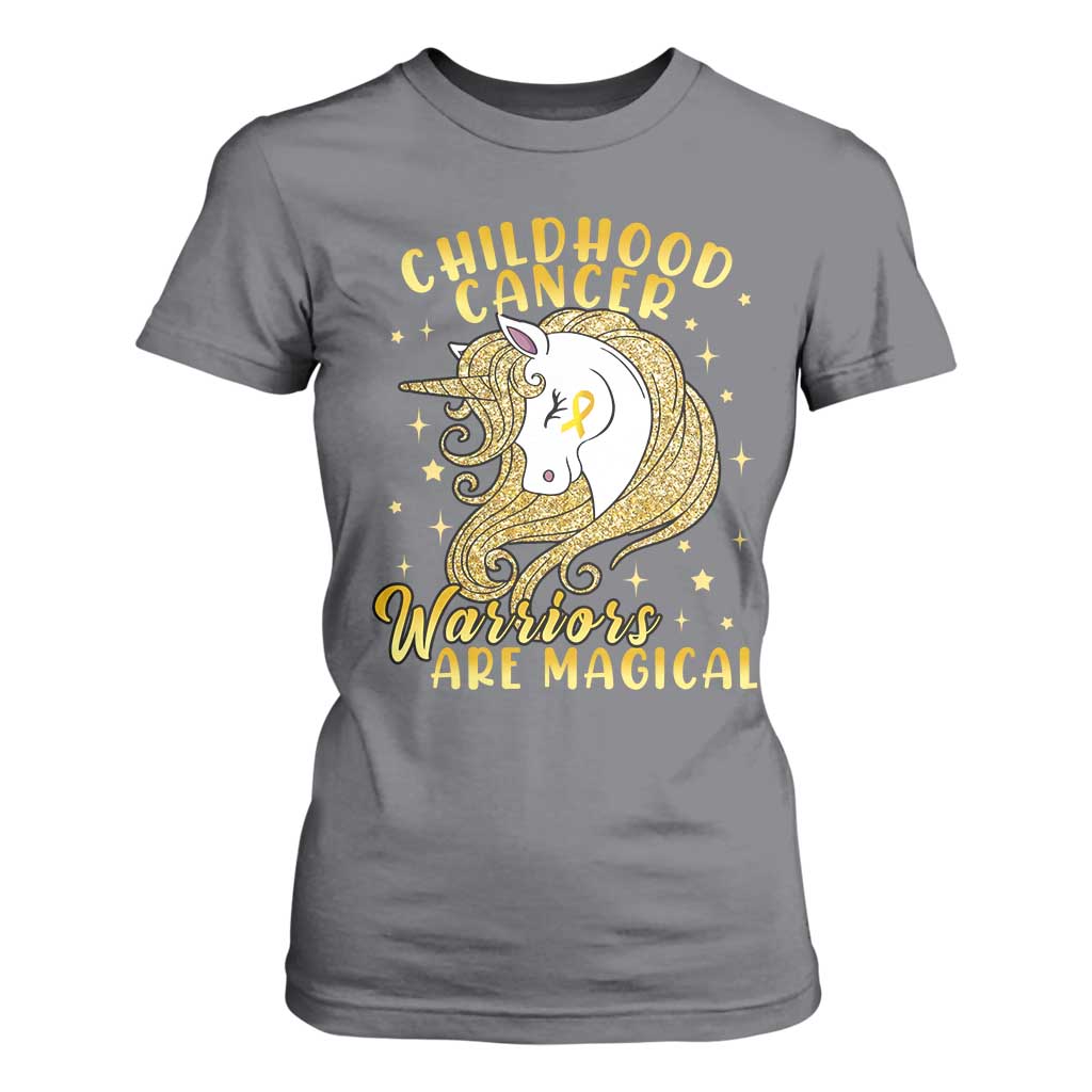 Childhood Cancer Warrior Support T Shirt For Women Warriors Are Magical Unicorn Gold Ribbon