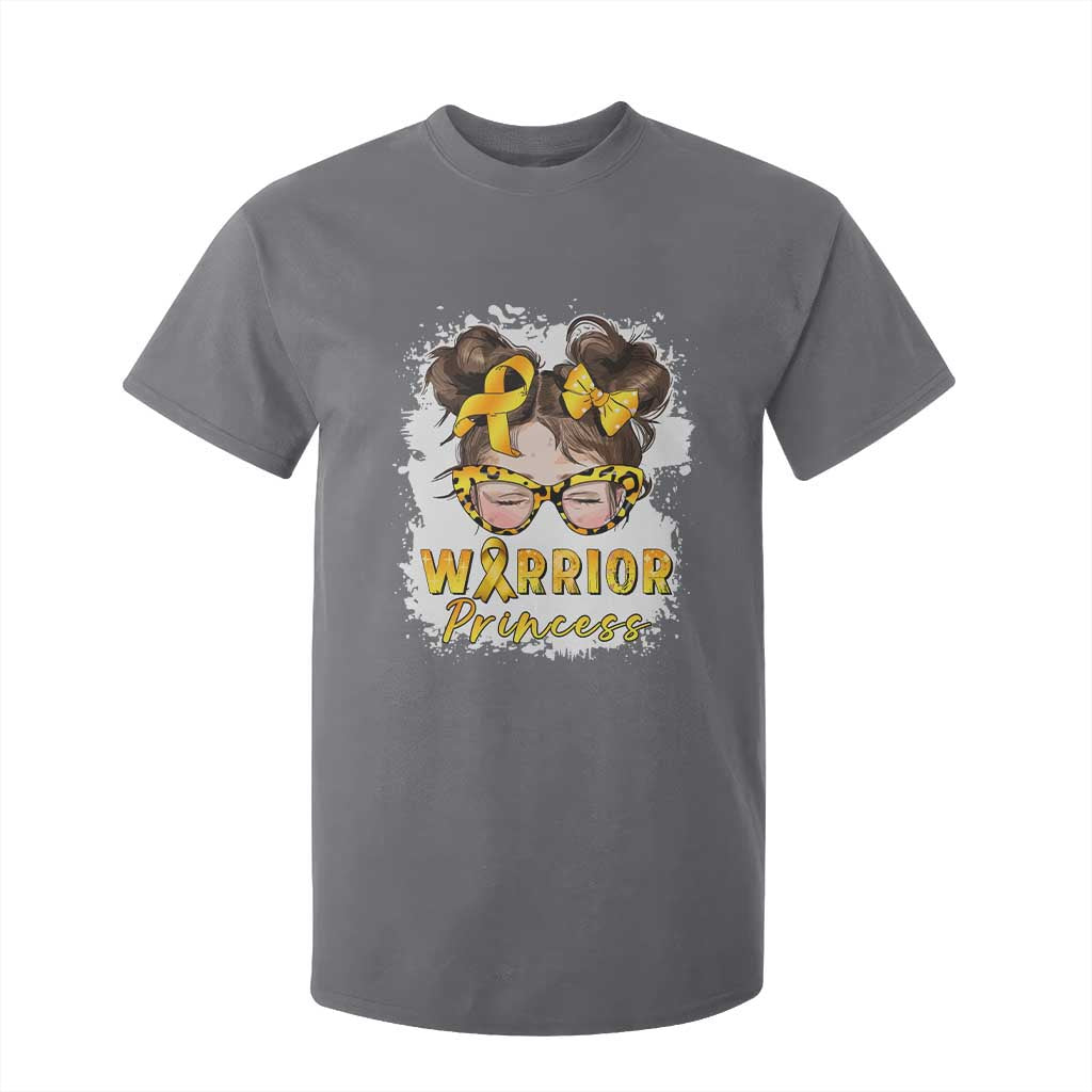 Childhood Cancer Warrior Support T Shirt For Kid Warrior Princess Gold Ribbon Messy Bun Girl
