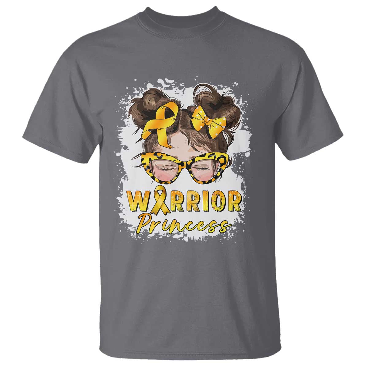 Childhood Cancer Warrior Support T Shirt Warrior Princess Gold Ribbon Messy Bun Girl