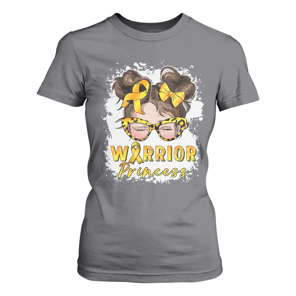 Childhood Cancer Warrior Support T Shirt For Women Warrior Princess Gold Ribbon Messy Bun Girl