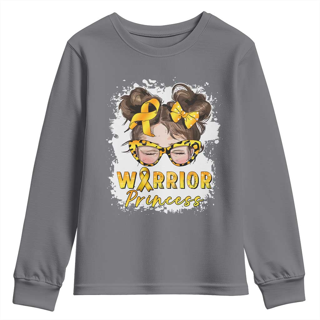 Childhood Cancer Warrior Support Youth Sweatshirt Warrior Princess Gold Ribbon Messy Bun Girl