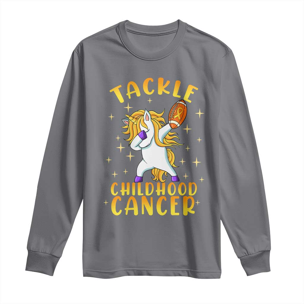 Childhood Cancer Warrior Support Long Sleeve Shirt Dabbing Unicorn Rugby Football Tackle