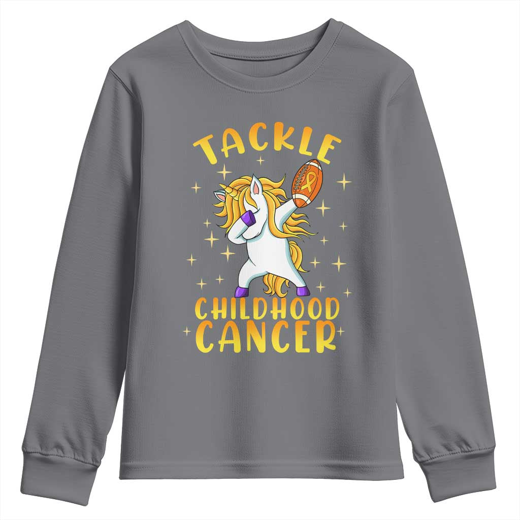 Childhood Cancer Warrior Support Youth Sweatshirt Dabbing Unicorn Rugby Football Tackle