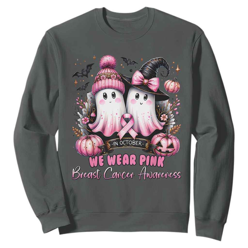 Breast Cancer Support Witch Sweatshirt In October We Wear Pink Ghost Witch