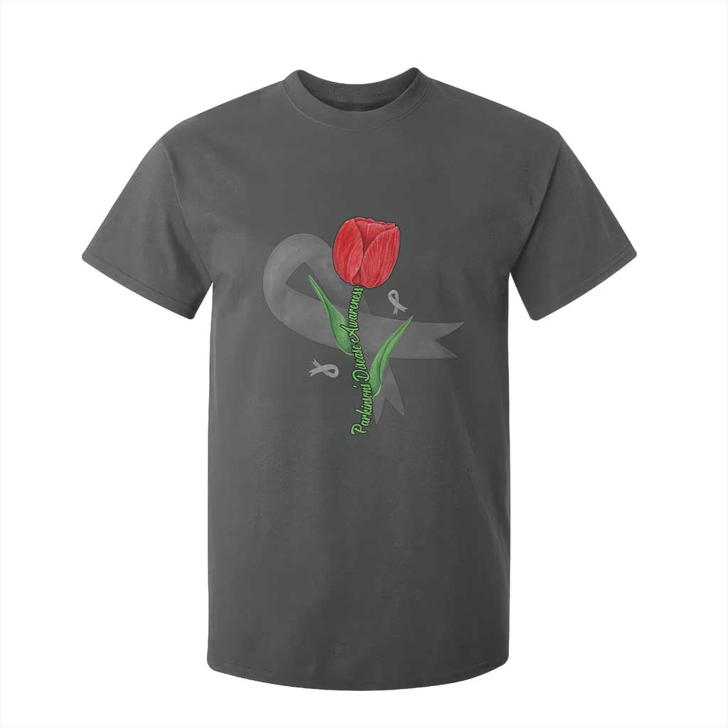 Parkinson's Support T Shirt For Kid Gray Ribbon Tulips Parkinsons Warrior