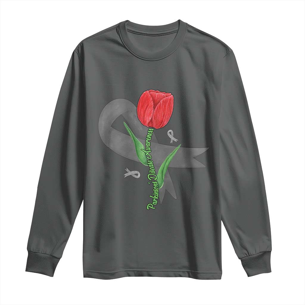 Parkinson's Support Long Sleeve Shirt Gray Ribbon Tulips Parkinsons Warrior