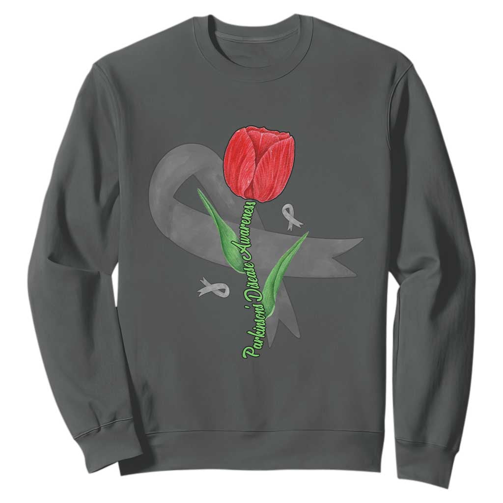Parkinson's Support Sweatshirt Gray Ribbon Tulips Parkinsons Warrior