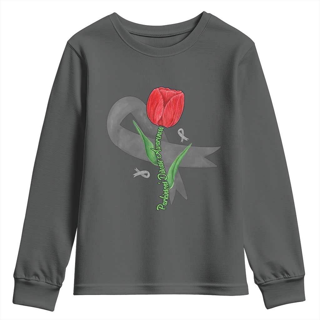 Parkinson's Support Youth Sweatshirt Gray Ribbon Tulips Parkinsons Warrior