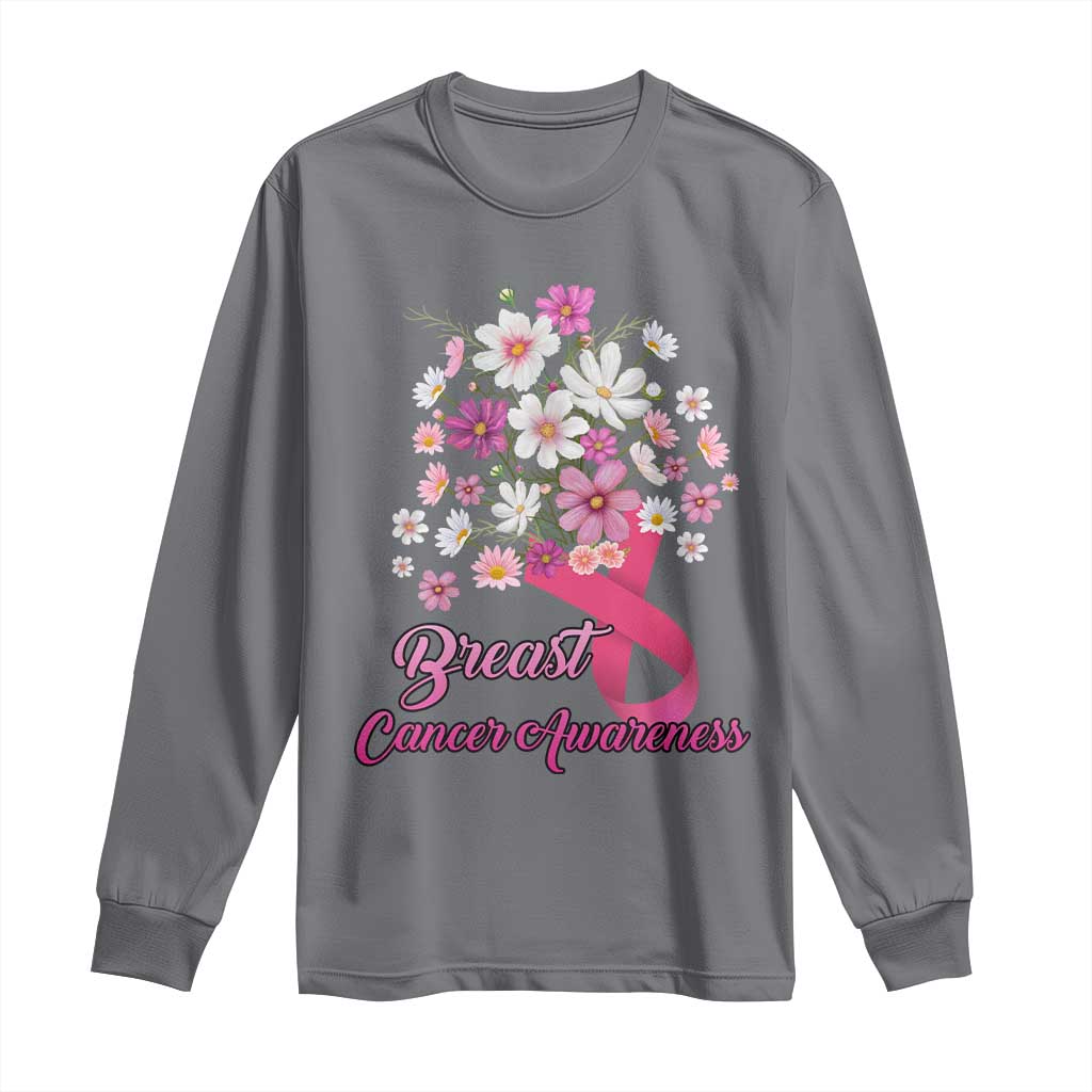 Breast Cancer Warrior Support Squad Long Sleeve Shirt Pink Ribbon Flower Bouquet
