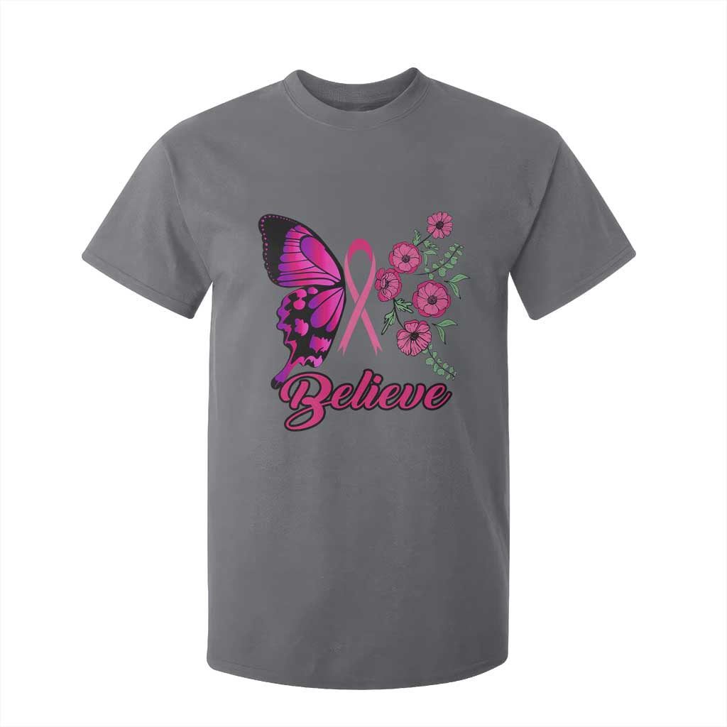Breast Cancer Support Squad T Shirt For Kid Believe Butterfly Flower Pink Ribbon