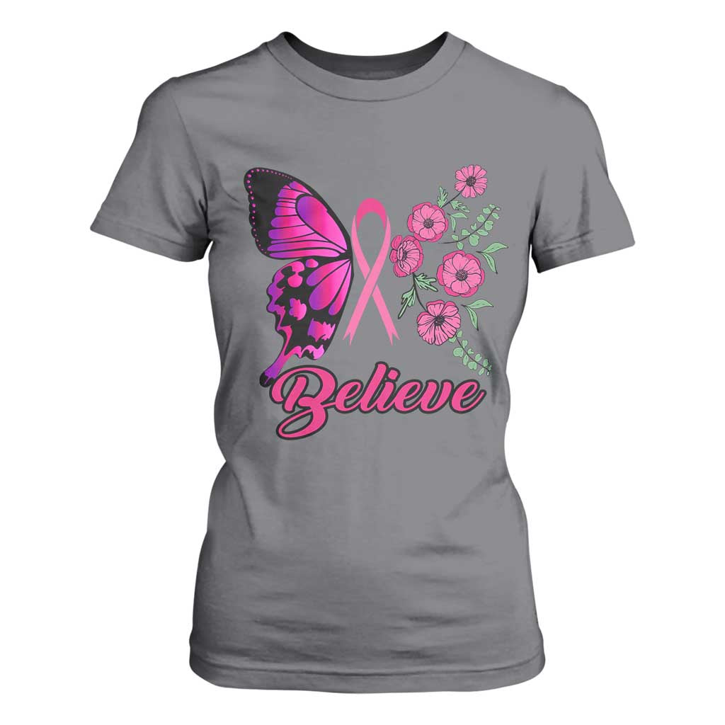 Breast Cancer Support Squad T Shirt For Women Believe Butterfly Flower Pink Ribbon