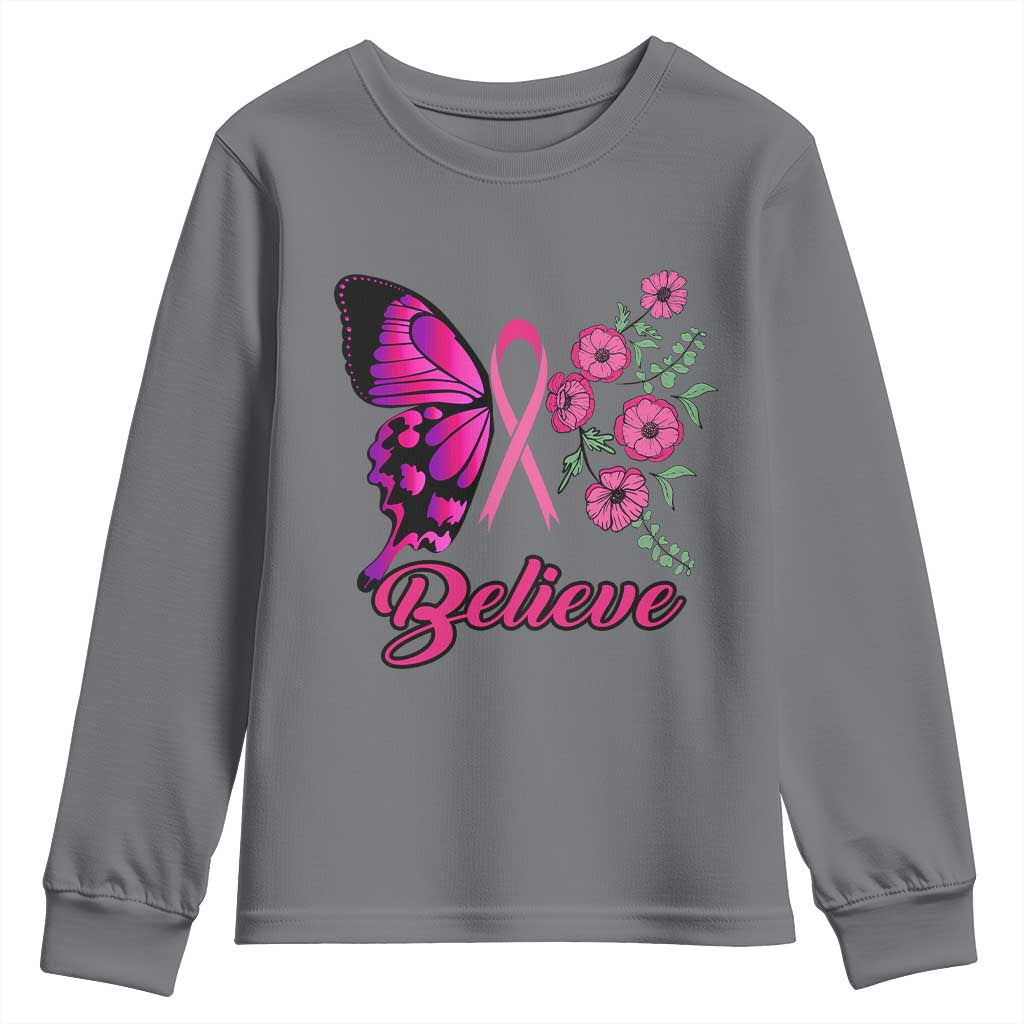 Breast Cancer Support Squad Youth Sweatshirt Believe Butterfly Flower Pink Ribbon