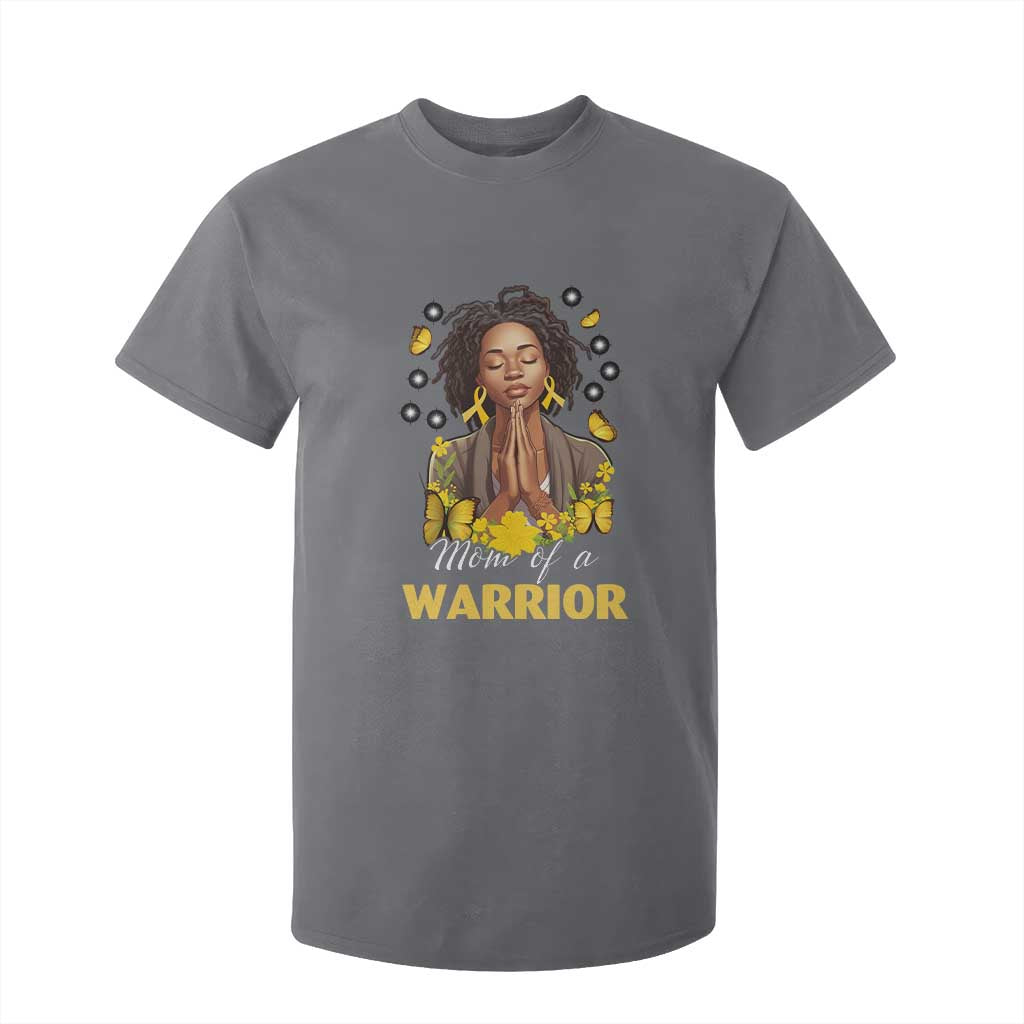 Childhood Cancer Warrior Support T Shirt For Kid Mom Of A Warrior Messy Bun Melanin Gold Ribbon Support Squad