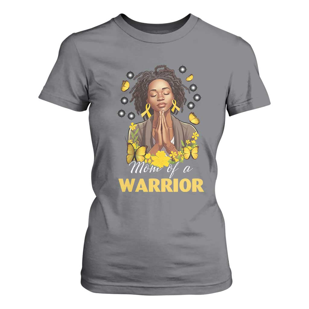 Childhood Cancer Warrior Support T Shirt For Women Mom Of A Warrior Messy Bun Melanin Gold Ribbon Support Squad