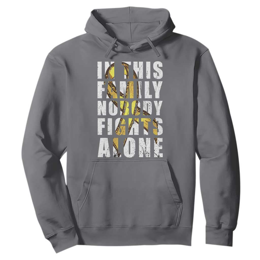 Childhood Cancer Warrior Support Hoodie In This Family Nobody Fights Alone Gold Ribbon Support Squad