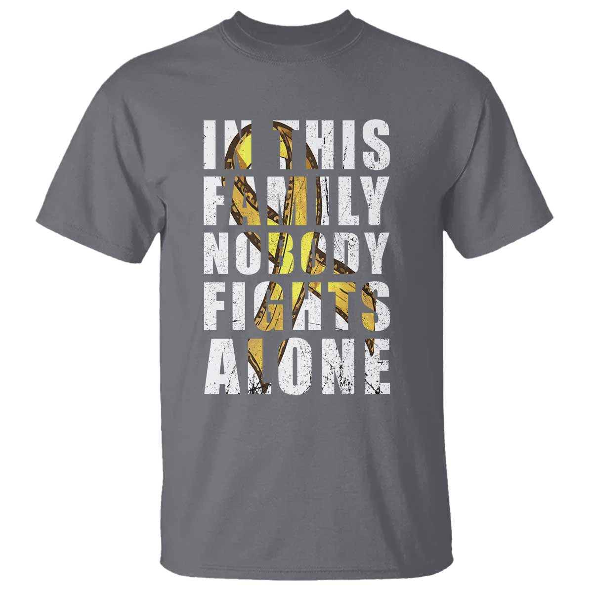 Childhood Cancer Warrior Support T Shirt In This Family Nobody Fights Alone Gold Ribbon Support Squad