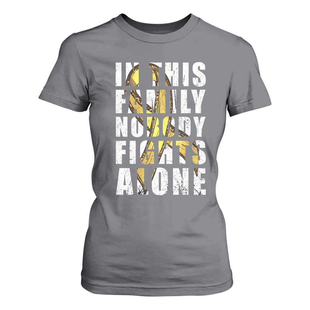 Childhood Cancer Warrior Support T Shirt For Women In This Family Nobody Fights Alone Gold Ribbon Support Squad
