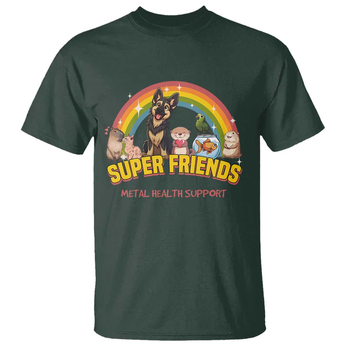 mental-health-support-t-shirt-super-friends-cute-animals-dog-cat-capybara-otter